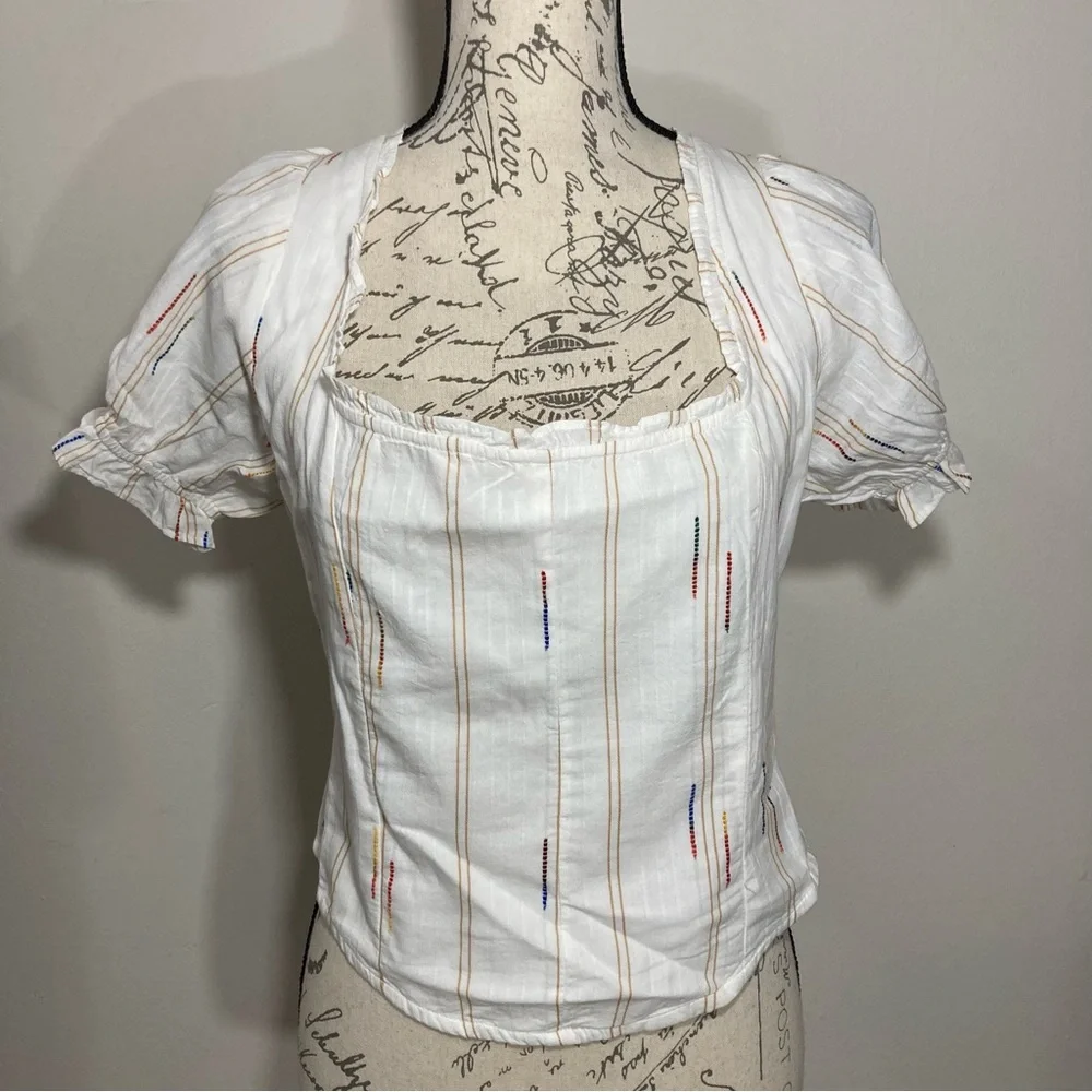 Free People Serotonin Corset Top White Puff Sleeve Top Colorful Rainbow Stitches